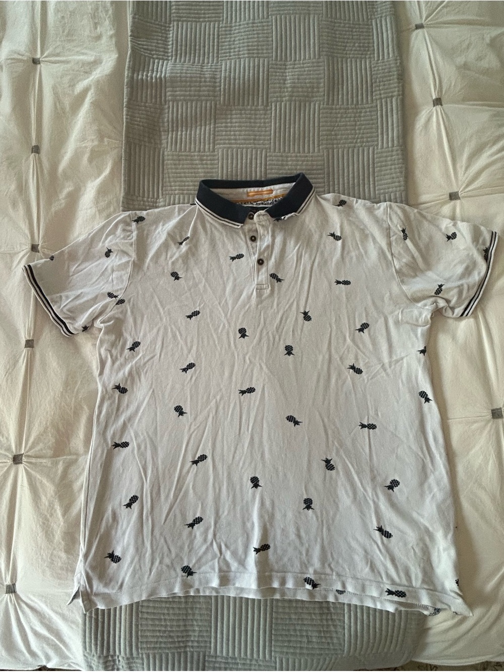 Men's White Denim & Flower Polo Shirt with Navy Collar and Pineapple Print